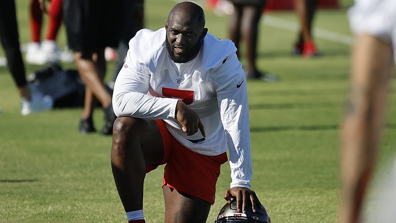 Jun 7, 2022; Tampa, Florida, USA;  Tampa Bay Buccaneers running back Leonard Fournette (7) works outs at AdventHealth Training Center. Mandatory Credit: Kim Klement-USA TODAY Sports