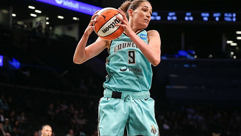 Jun 1, 2022; Brooklyn, New York, USA;  New York Liberty guard Rebecca Allen (9) at Barclays Center. Mandatory Credit: Wendell Cruz-USA TODAY Sports
