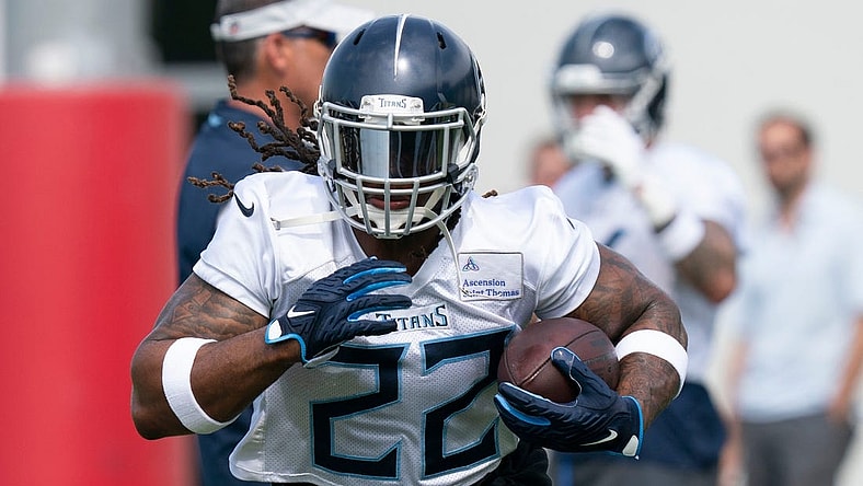 Tennessee Titans running back Derrick Henry (22) races up the field during practice at Saint Thomas Sports Park Tuesday, June 14, 2022, in Nashville, Tenn.
Nas Titans Mini Camp 032