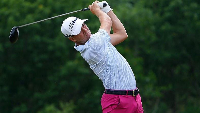 Jun 18, 2022; Brookline, Massachusetts, USA; Justin Thomas plays his shot from the eighth tee during the third round of the U.S. Open golf tournament. Mandatory Credit: Peter Casey-USA TODAY Sports