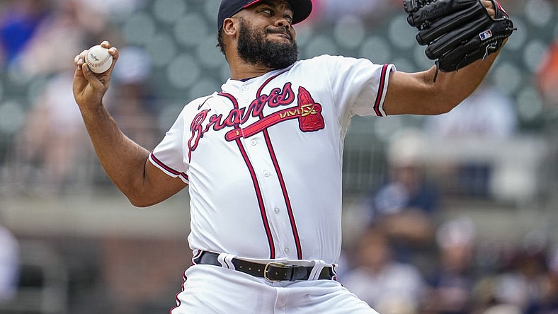 Jun 23, 2022; Cumberland, Georgia, USA; Atlanta Braves relief pitcher Kenley Jansen (74) pitches against the San Francisco Giants during the ninth inning at Truist Park. Mandatory Credit: Dale Zanine-USA TODAY Sports
