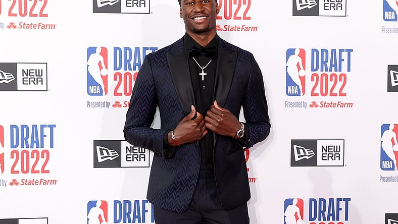 Jun 23, 2022; Brooklyn, NY, USA; AJ Griffin (Duke) poses for photos on the red carpet before the 2022 NBA Draft at Barclays Center. Mandatory Credit: Brad Penner-USA TODAY Sports