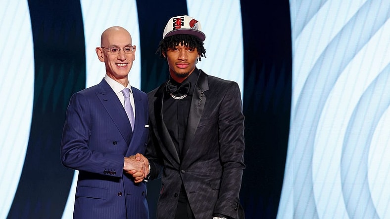 Jun 23, 2022; Brooklyn, NY, USA; Shaedon Sharpe (Kentucky) shakes hands with NBA commissioner Adam Silver after being selected as the number seven overall pick by the Portland Trail Blazers in the first round of the 2022 NBA Draft at Barclays Center. Mandatory Credit: Brad Penner-USA TODAY Sports