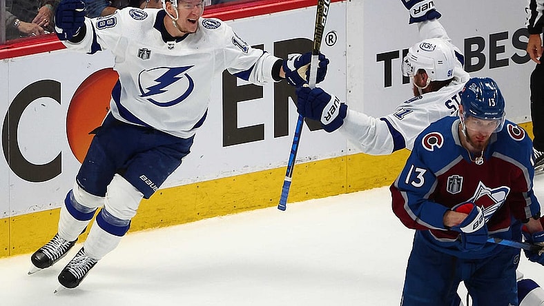 Jun 24, 2022; Denver, Colorado, USA; Tampa Bay Lightning left wing Ondrej Palat (18) celebrates his goal scored against the Colorado Avalanche with center Steven Stamkos (91) during the third period in game five of the 2022 Stanley Cup Final at Ball Arena. Mandatory Credit: Mark J. Rebilas-USA TODAY Sports