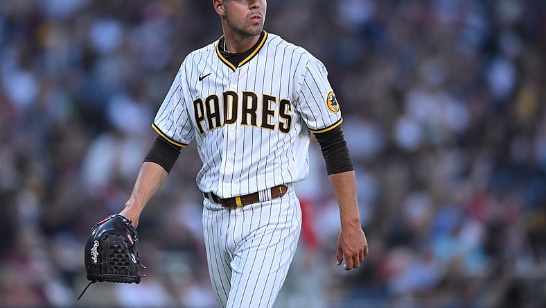 Jun 24, 2022; San Diego, California, USA; San Diego Padres starting pitcher MacKenzie Gore (1) looks on during the third inning against the Philadelphia Phillies at Petco Park. Mandatory Credit: Orlando Ramirez-USA TODAY Sports