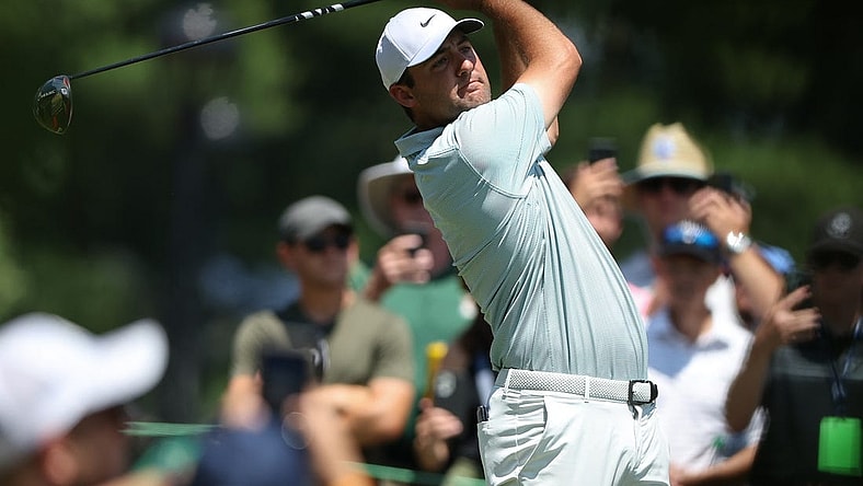 Jun 26, 2022; Cromwell, Connecticut, USA; Scottie Scheffler plays a shot from the first tee during the final round of the Travelers Championship golf tournament. Mandatory Credit: Vincent Carchietta-USA TODAY Sports