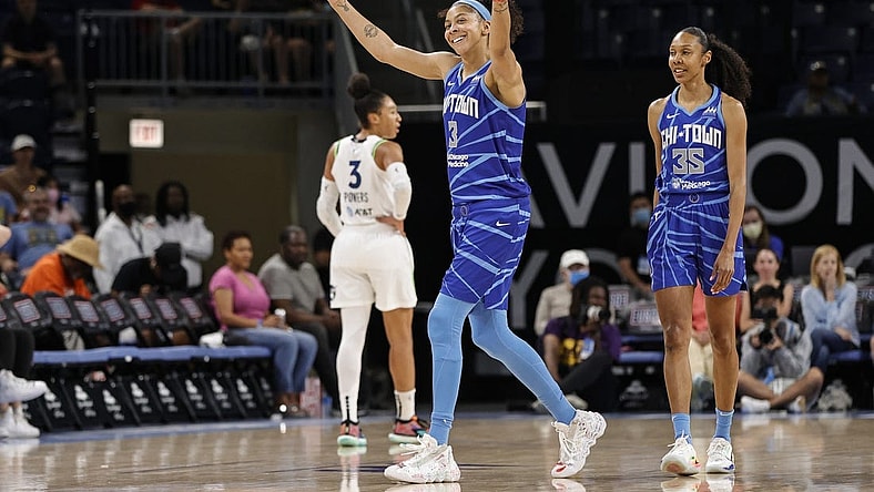 Jun 26, 2022; Chicago, Illinois, USA; Chicago Sky forward Candace Parker (3) reacts after receiving a technical foul during the first half of a WNBA game against the Minnesota Lynx at Wintrust Arena. Mandatory Credit: Kamil Krzaczynski-USA TODAY Sports