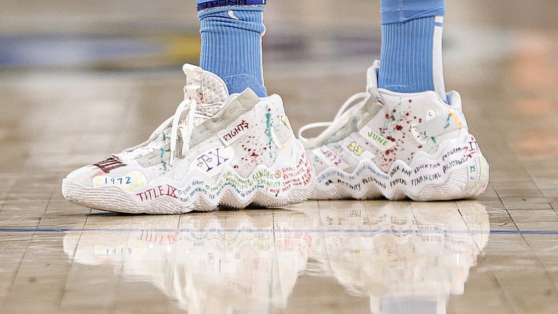 Jun 26, 2022; Chicago, Illinois, USA; Chicago Sky forward Candace Parker (3) shoes are seen during the first half of a WNBA game at Wintrust Arena. Mandatory Credit: Kamil Krzaczynski-USA TODAY Sports