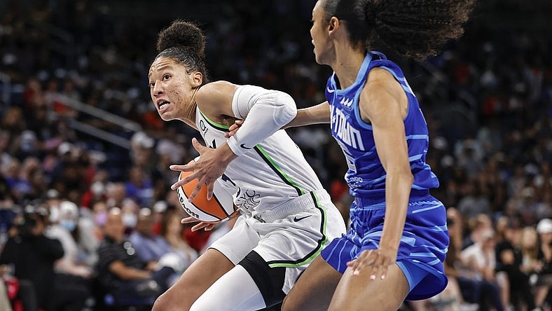 Jun 26, 2022; Chicago, Illinois, USA; Minnesota Lynx forward Aerial Powers (3) drives to the basket against Chicago Sky guard Rebekah Gardner (35) during the second half of a WNBA game at Wintrust Arena. Mandatory Credit: Kamil Krzaczynski-USA TODAY Sports