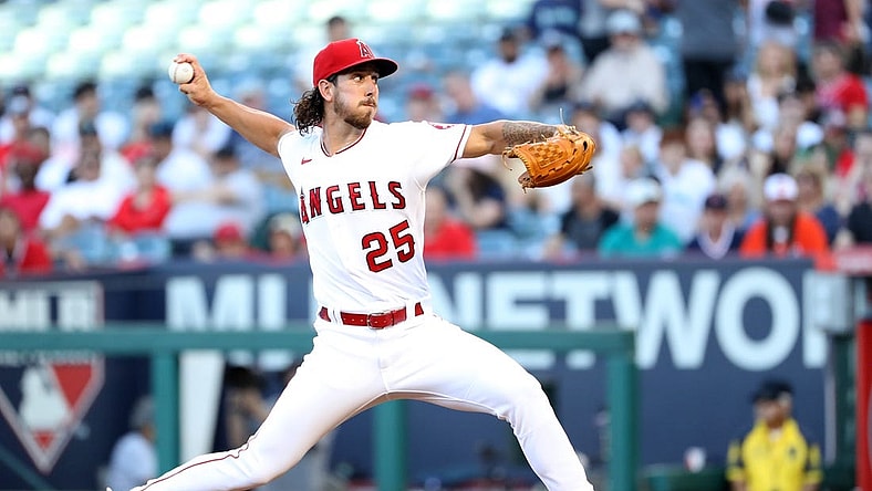 Jun 24, 2022; Anaheim, California, USA; Los Angeles Angels starting pitcher Michael Lorenzen (25) pitches during the game against the Seattle Mariners at Angel Stadium. Mandatory Credit: Kiyoshi Mio-USA TODAY Sports