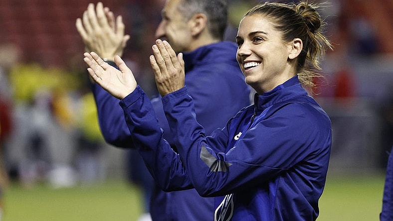 Jun 28, 2022; Sandy, Utah, USA; USA forward Alex Morgan (13) thanks fans after their game against Columbia in an international friendly soccer match at Rio Tinto Stadium. Mandatory Credit: Jeffrey Swinger-USA TODAY Sports