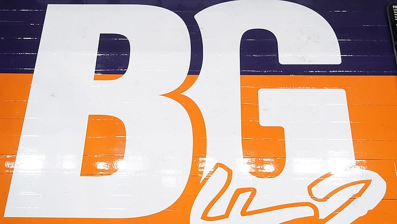 Jun 29, 2022; Phoenix, Arizona, USA; BG42 signage is shown on the court at Footprint Center in support of Phoenix Mercury center Brittney Griner (not pictured) prior to the game between the Phoenix Mercury and the Indiana Fever. Mandatory Credit: Joe Camporeale-USA TODAY Sports