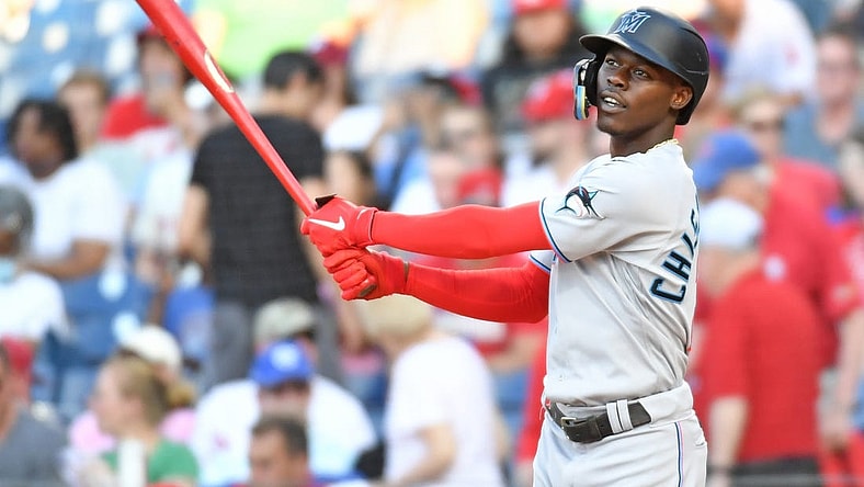 Jun 14, 2022; Philadelphia, Pennsylvania, USA; Miami Marlins second baseman Jazz Chisholm Jr. (2) against the Philadelphia Phillies at Citizens Bank Park. Mandatory Credit: Eric Hartline-USA TODAY Sports