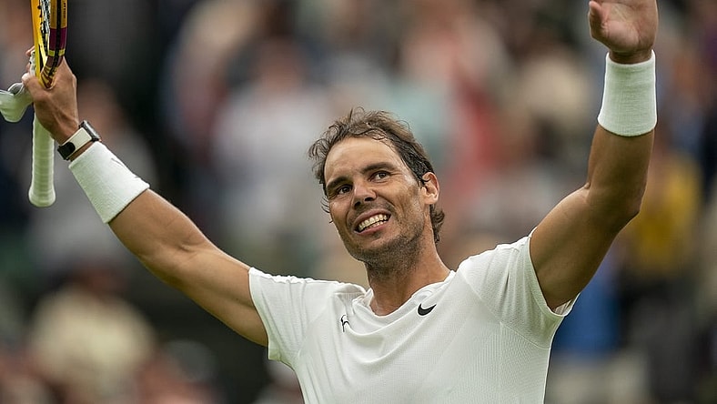 Jun 30, 2022; London, United Kingdom; Rafael Nadal (ESP) celebrates after winning a match against Ricardas Berankis (LTU) on day four at All England Lawn Tennis and Croquet Club. Mandatory Credit: Susan Mullane-USA TODAY Sports