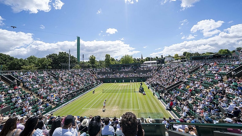 Jul 3, 2022; London, United Kingdom; General view of Court 2 during the Marie Bouzkova (CZE) and Caroline Garcia (FRA) match on day seven at All England Lawn Tennis and Croquet Club. Mandatory Credit: Susan Mullane-USA TODAY Sports