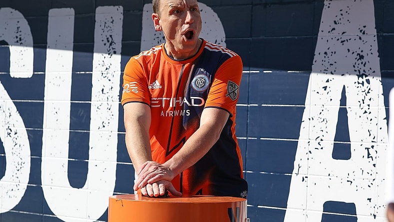 Jul 3, 2022; New York, New York, USA; American competitive eater Joey Chestnut ignited the smoke stacksbefore the game between New York City FC and Atlanta United at Yankee Stadium. Mandatory Credit: Vincent Carchietta-USA TODAY Sports