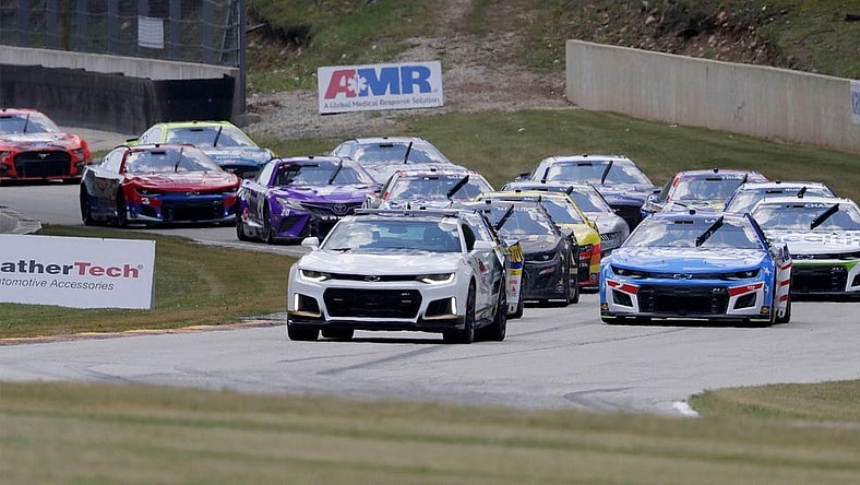 The pace car leads the cars during a caution flag during the NASCAR Kwik Trip 250, Sunday, July 3, 2022, at Elkhart Lake's Road America near Elkhart Lake, Wis.