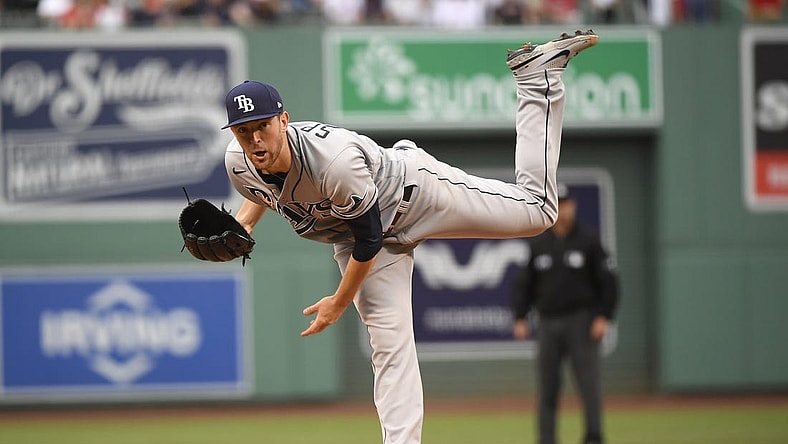 Jul 5, 2022; Boston, Massachusetts, USA;  Tampa Bay Rays starting pitcher Jeffrey Springs (59) pitches during the first inning against the Boston Red Sox at Fenway Park. Mandatory Credit: Bob DeChiara-USA TODAY Sports