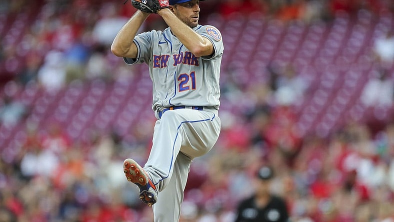 Jul 5, 2022; Cincinnati, Ohio, USA; New York Mets starting pitcher Max Scherzer (21) pitches during the second inning against the Cincinnati Reds at Great American Ball Park. Mandatory Credit: Katie Stratman-USA TODAY Sports
