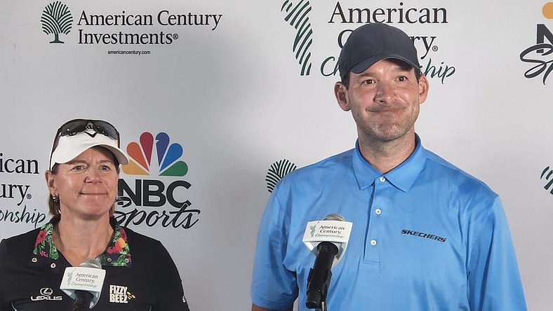Annika Sorenstam and Tony Romo talk to the media Friday at Edgewood Tahoe after the first round of the American Century Championship celebrity golf tournament.

Annika Tony R Friday