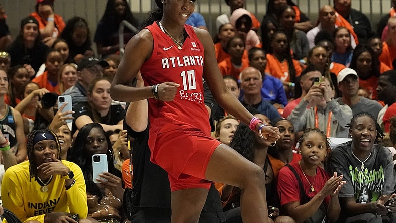 Jul 9, 2022; Chicago, Ill, USA; Rhyne Howard gestures after the first round of the 3-point  contest during the 2022 WNBA All-Star Game skills competition at Wintrust Arena. Mandatory Credit: David Banks-USA TODAY Sports