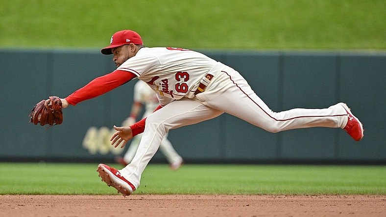 Jul 9, 2022; St. Louis, Missouri, USA;  St. Louis Cardinals shortstop Edmundo Sosa (63) catches a line drive against the Philadelphia Phillies during the eighth inning at Busch Stadium. Mandatory Credit: Jeff Curry-USA TODAY Sports