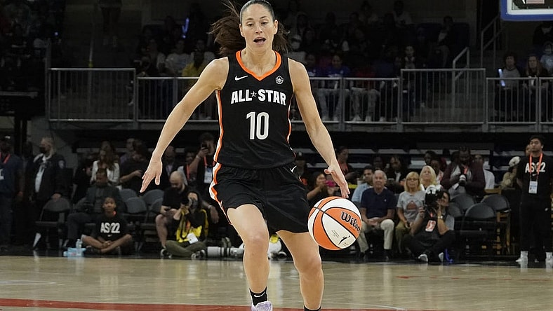 Jul 10, 2022; Chicago, Ill, USA; Team Stewart guard Sue Bird (10) during the first half of the WNBA All Star Game at Wintrust Arena. Mandatory Credit: David Banks-USA TODAY Sports