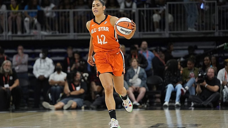 Jul 10, 2022; Chicago, Ill, USA; Team Wilson guard Kelsey Plum brings the ball up the court during the second half in a WNBA All Star Game at Wintrust Arena. Mandatory Credit: David Banks-USA TODAY Sports