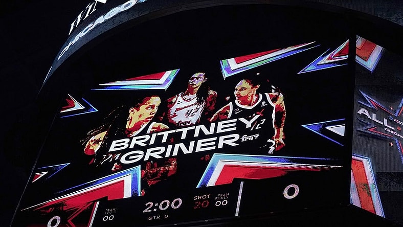 Jul 10, 2022; Chicago, Ill, USA; Brittany Griner is introduced as WNBA All Star at Wintrust Arena. Mandatory Credit: David Banks-USA TODAY Sports
