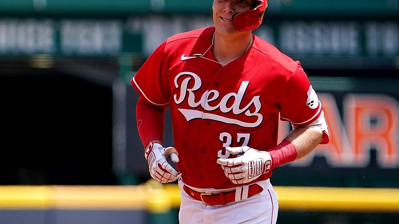 Cincinnati Reds catcher Tyler Stephenson (37) rounds the bases after hitting a two-run home run during the third inning of a baseball game against the Tampa Bay Rays, Sunday, July 10, 2022, at Great American Ball Park in Cincinnati.

Tampa Bay Rays At Cincinnati Reds July 10 0043