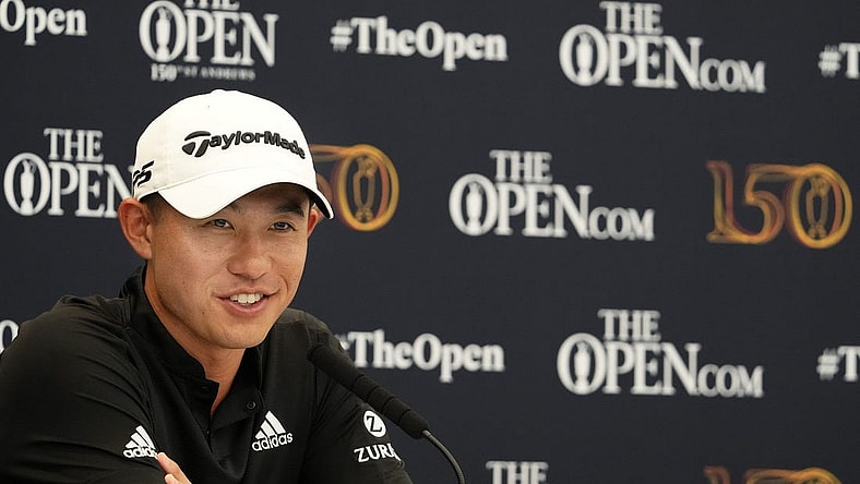 Jul 11, 2022; St. Andrews, SCT; Defending Open champion Collin Morikawa during a press conference at the 150th Open Championship golf tournament at St. Andrews Old Course. Mandatory Credit: Rob Schumacher-USA TODAY Sports