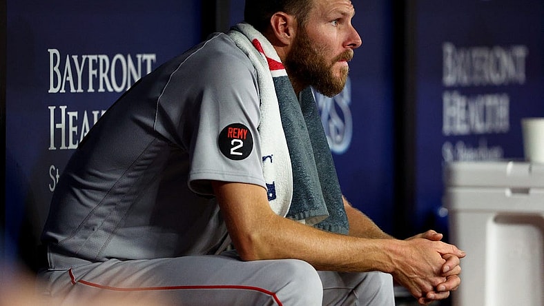 Jul 12, 2022; St. Petersburg, Florida, USA; Boston Red Sox starting pitcher Chris Sale (41) looks on from the bench in the fifth inning against the Tampa Bay Rays at Tropicana Field. Mandatory Credit: Nathan Ray Seebeck-USA TODAY Sports