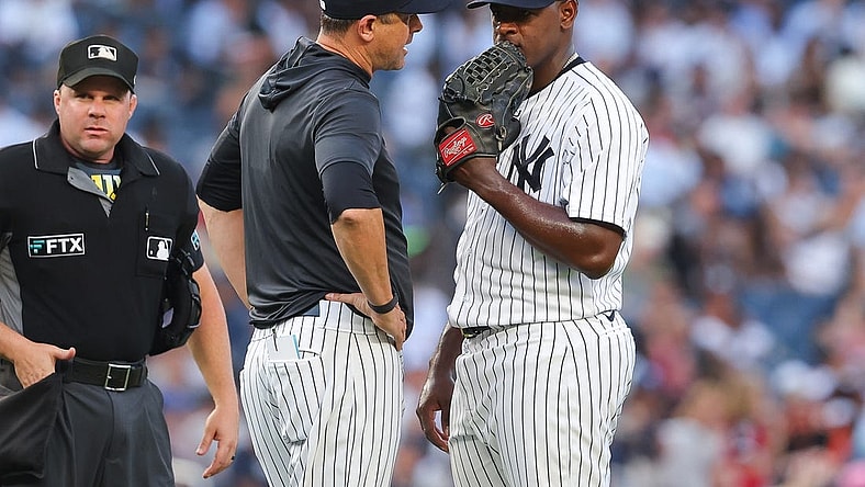 Jul 13, 2022; Bronx, New York, USA; New York Yankees manager Aaron Boone (17) talks with starting pitcher Luis Severino (40) during the second inning against the Cincinnati Reds at Yankee Stadium. Mandatory Credit: Vincent Carchietta-USA TODAY Sports