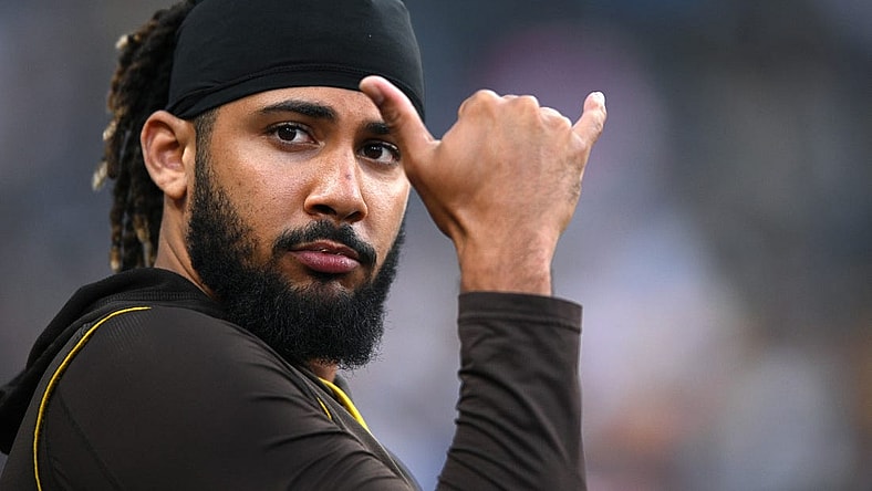 Jul 16, 2022; San Diego, California, USA; San Diego Padres shortstop Fernando Tatis Jr. (23) gestures toward the stands during the sixth inning against the Arizona Diamondbacks at Petco Park. Mandatory Credit: Orlando Ramirez-USA TODAY Sports