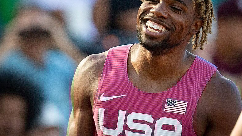 USA's Noah Lyles reacts as fans sing him happy birthday after his 200 meter heat during day four of the World Athletics Championships at Hayward Field Monday, July 18, 2022.

Eug 071822 Worlds 04