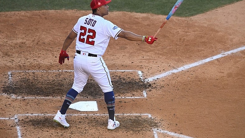 Jul 18, 2022; Los Angeles, CA, USA; Washington Nationals right fielder Juan Soto (22) bats during the second round of the 2022 Home Run Derby at Dodgers Stadium. Mandatory Credit: Orlando Ramirez-USA TODAY Sports