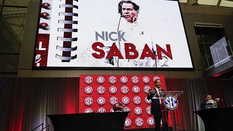 Jul 19, 2022; Atlanta, GA, USA; Alabama head coach Nick Saban talks to the media during SEC Media Days at the College Football Hall of Fame. Mandatory Credit: Dale Zanine-USA TODAY Sports