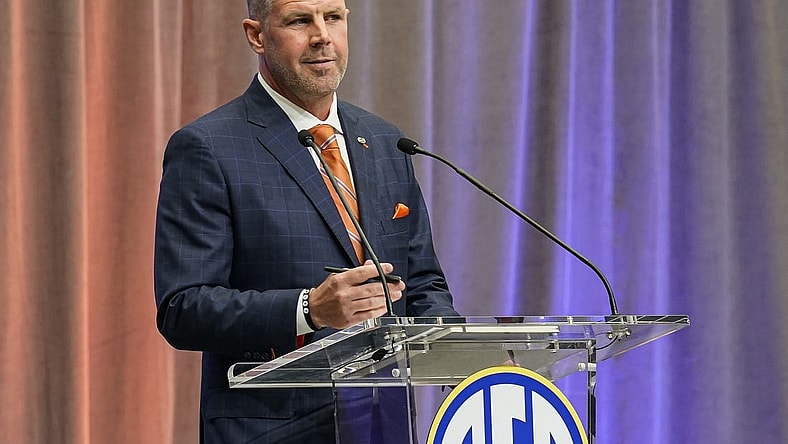 Jul 20, 2022; Atlanta, GA, USA; Florida Gators head coach Billy Napier talks from the stage during SEC Media Days at the College Football Hall of Fame. Mandatory Credit: Dale Zanine-USA TODAY Sports