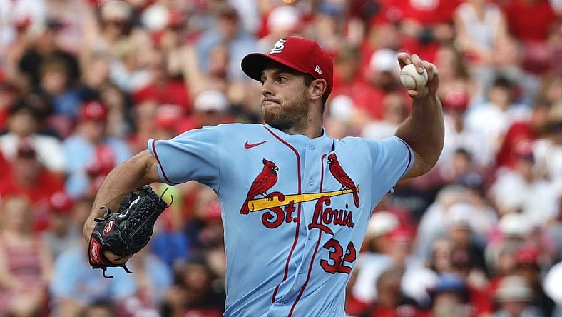 Jul 23, 2022; Cincinnati, Ohio, USA; St. Louis Cardinals starting pitcher Steven Matz (32) throws a pitch against the Cincinnati Reds during the first inning at Great American Ball Park. Mandatory Credit: David Kohl-USA TODAY Sports