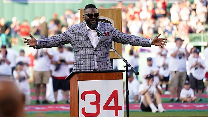 Jul 26, 2022; Boston, Massachusetts, USA; Former Boston Red Sox player David Ortiz    Big Papi on the field for his induction into the Red Sox Hall Of Fame during a ceremony at Fenway Park before the start of the game against the Cleveland Guardians. Mandatory Credit: David Butler II-USA TODAY Sports