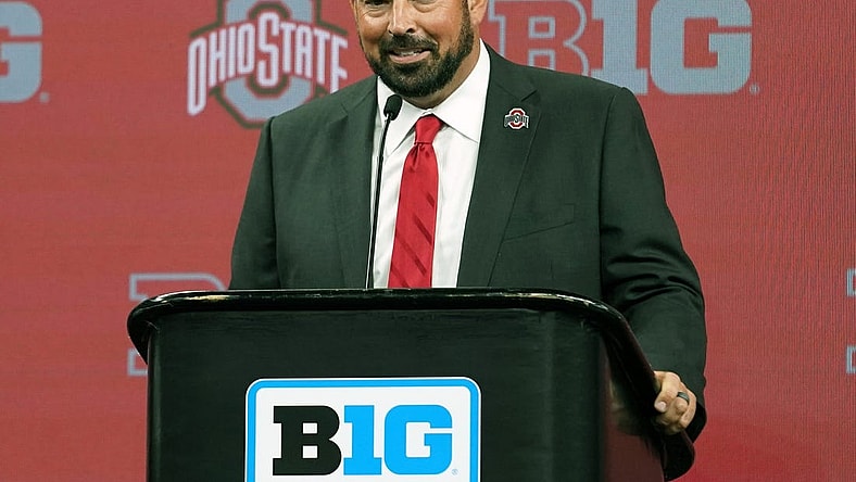Jul 27, 2022; Indianapolis, IN, USA; Ohio State Buckeyes head coach Ryan Day talks to the media during Big 10 football media days at Lucas Oil Stadium. Mandatory Credit: Robert Goddin-USA TODAY Sports