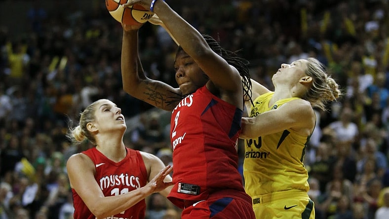 Sep 9, 2018; Seattle, WA, USA; Washington Mystics forward Myisha Hines-Allen (2) pulls down a rebound. Mandatory Credit: Jennifer Buchanan-USA TODAY Sports