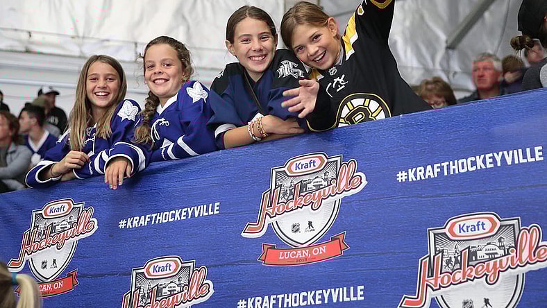 Sep 18, 2018; Lucan, Ontario, CAN; Young fans during the Kraft Hockeyville game at Lucan Community Memorial Centre between the Toronto Maple Leafs and the Ottawa Senators.  The Maple Leafs beat the Senators 4-1. Mandatory Credit: Tom Szczerbowski-USA TODAY Sports