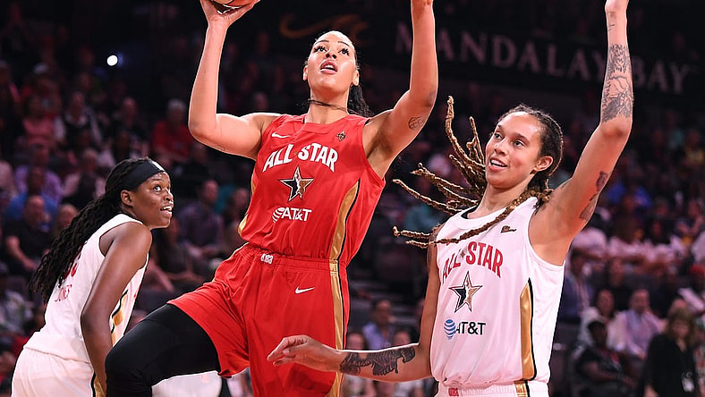 Jul 27, 2019; Las Vegas, NV, USA; Team Wilson forward Liz Cambage (8) shoots inside the defense of Team Delle Donne forward Brittney Griner (42) during the first half of the WNBA All Star Game at Mandalay Bay Events Center. Mandatory Credit: Stephen R. Sylvanie-USA TODAY Sports