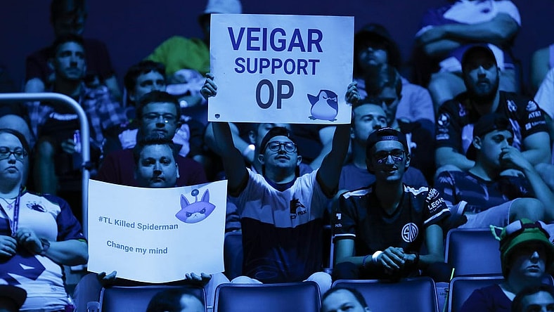 Aug 25, 2019; Detroit, MI, USA; Fans hold up signs from the stands during the LCS Summer Finals event between Team Liquid and Cloud9 at Little Caesars Arena. Mandatory Credit: Raj Mehta-USA TODAY Sports
