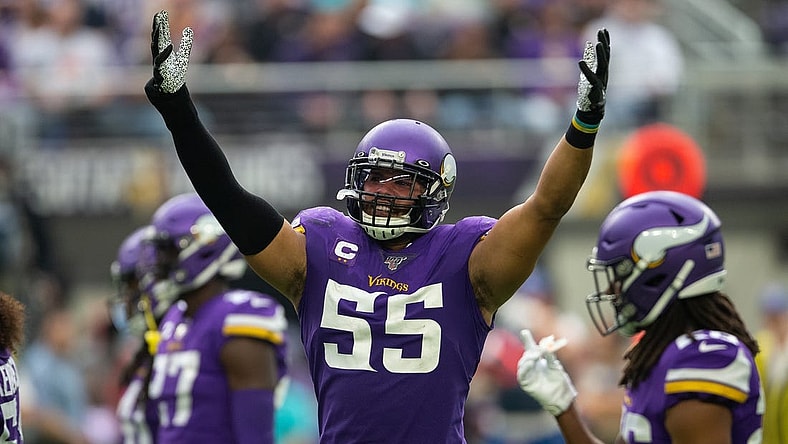 Sep 8, 2019; Minneapolis, MN, USA; Minnesota Vikings outside linebacker Anthony Barr (55) reacts during the third quarter against the Atlanta Falcons at U.S. Bank Stadium. Mandatory Credit: Harrison Barden-USA TODAY Sports
