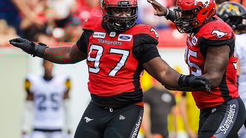 Sep 14, 2019; Calgary, Alberta, CAN; Calgary Stampeders defensive lineman Derek Wiggan (97) reacts in the second half against the Hamilton Tiger-Cats during a Canadian Football League game at McMahon Stadium. Mandatory Credit: Sergei Belski-USA TODAY Sports