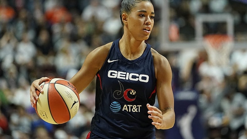 Oct 6, 2019; Uncasville, CT, USA; Washington Mystics guard Natasha Cloud (9) returns the ball up court against the Connecticut Sun during the second half in game three of the 2019 WNBA Finals at Mohegan Sun Arena. Washington defeated Connecticut 94-81. Mandatory Credit: David Butler II-USA TODAY Sports