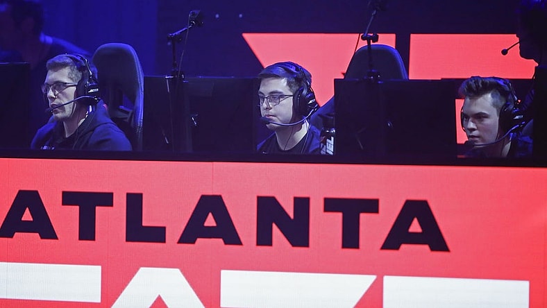 Jan 25, 2020; Minneapolis, Minnesota, USA; Michael MajorManiak Szymaniak and Chris Simp Lehr and Tyler Abezy Pharris of the Atlanta FaZe compete against the Dallas Empire during the Call of Duty League Launch Weekend at The Armory. Mandatory Credit: Bruce Kluckhohn-USA TODAY Sports