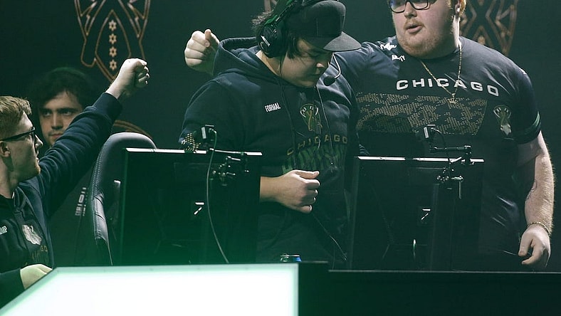 Jan 26, 2020; Minneapolis, Minnesota, USA; Seth Scump Abner and Matthew Formal Piper and Alec Arcitys Sanderson of the Chicago Huntsmen celebrate their victory over Los Angeles OpTic Gaming during the Call of Duty League Launch Weekend at The Armory. Mandatory Credit: Bruce Kluckhohn-USA TODAY Sports